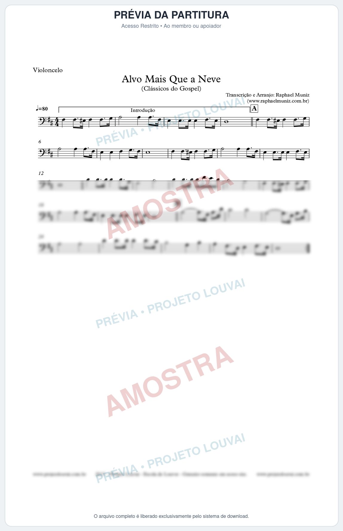Prévia protegida da primeira página da partitura Partitura para Violoncelo - Alvo Mais que a Neve - Clássicos do Gospel