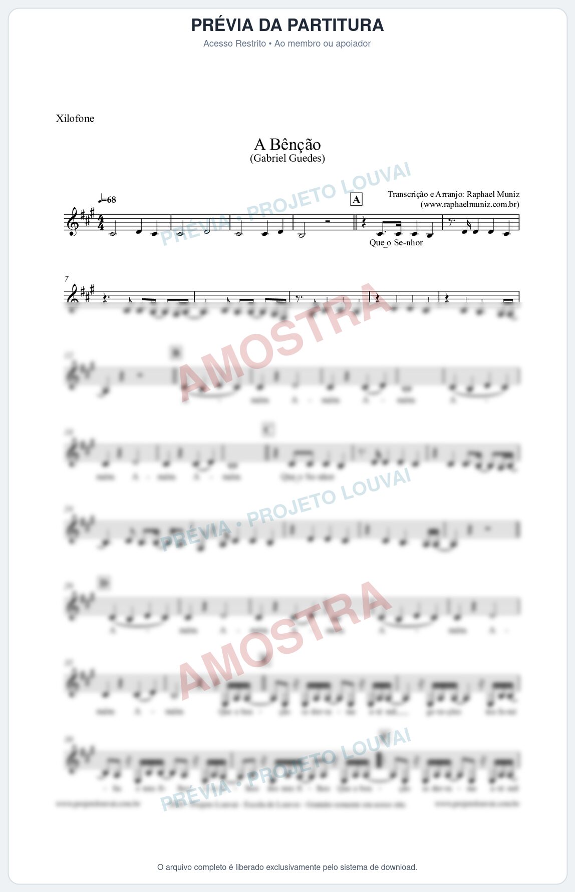 Prévia protegida da primeira página da partitura Partitura para Xilofone - A Bênção (Tom A) - Gabriel Guedes