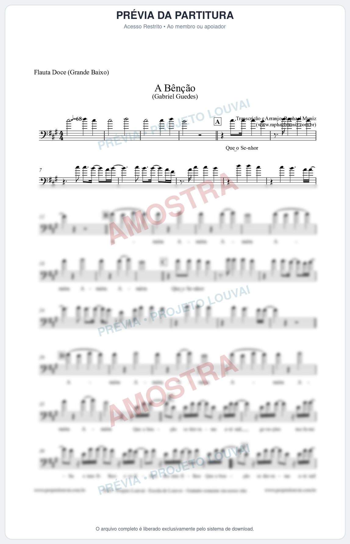 Prévia protegida da primeira página da partitura Partitura para Flauta Doce (Grande Baixo) - A Bênção (Tom A) - Gabriel Guedes