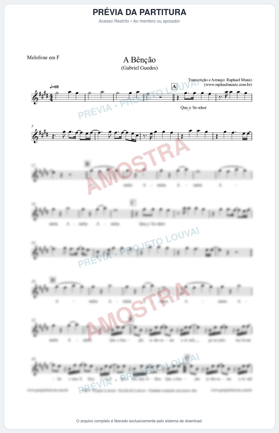 Prévia protegida da primeira página da partitura Partitura para Melofone em F - A Bênção (Tom A) - Gabriel Guedes