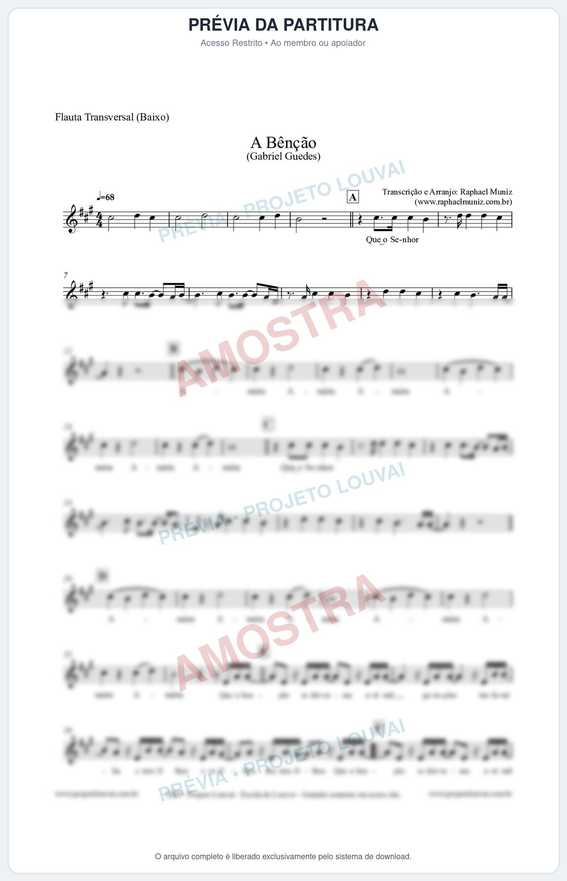 Prévia protegida da primeira página da partitura Partitura para Flauta Transversal (Baixo) - A Bênção (Tom A) - Gabriel Guedes