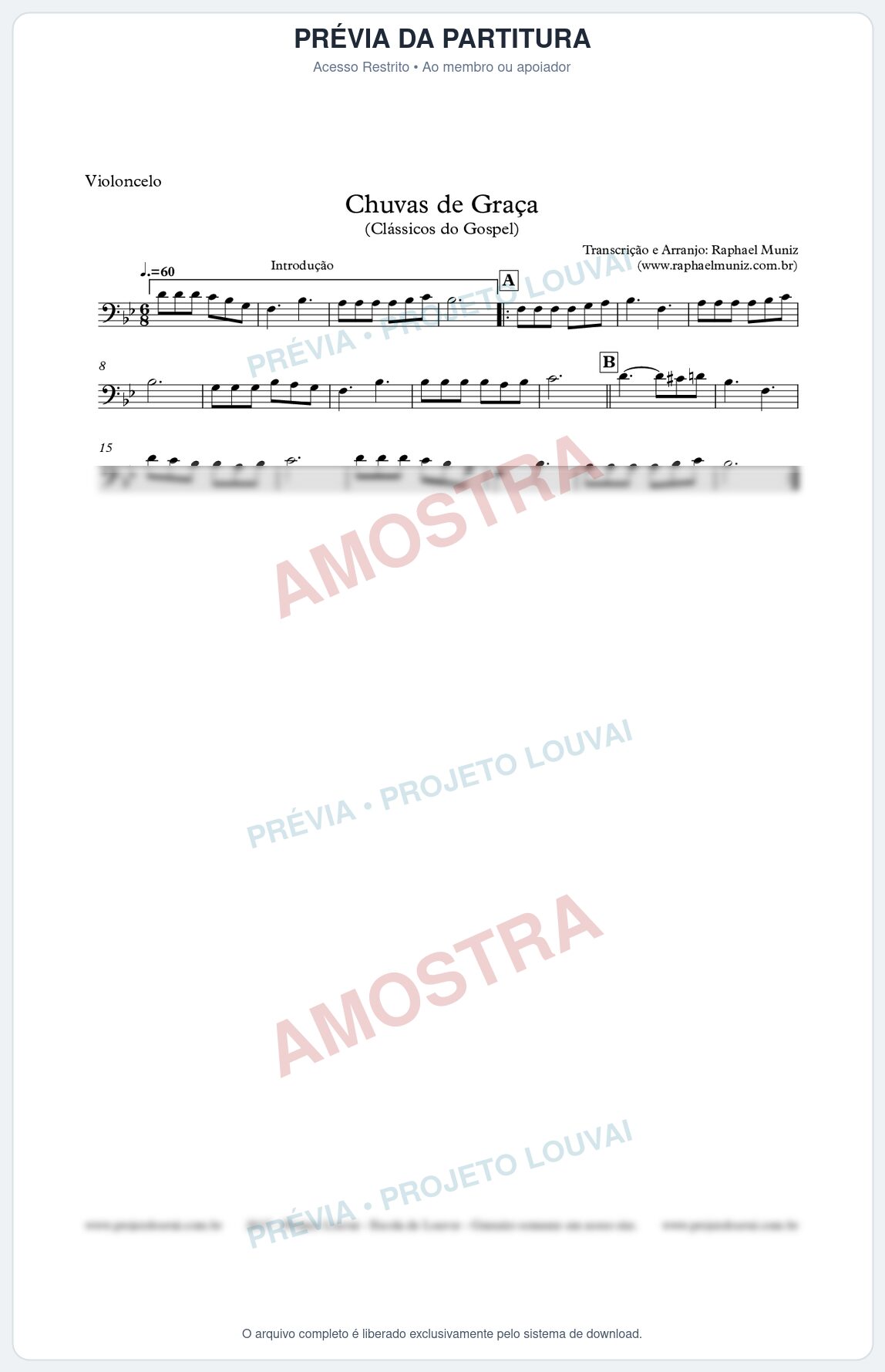 Prévia protegida da primeira página da partitura Partitura para Violoncelo - Chuvas de Graça - Harpa Cristã nº1 - Clássicos do Gospel