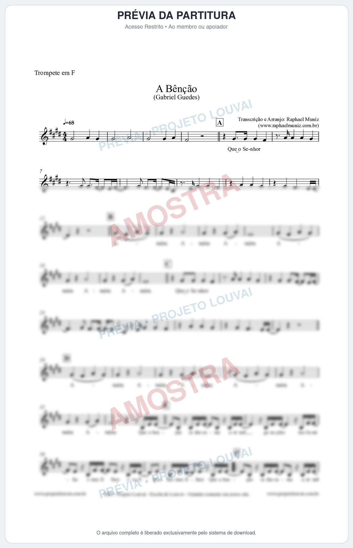 Prévia protegida da primeira página da partitura Partitura para Trompete em F - A Bênção (Tom A) - Gabriel Guedes