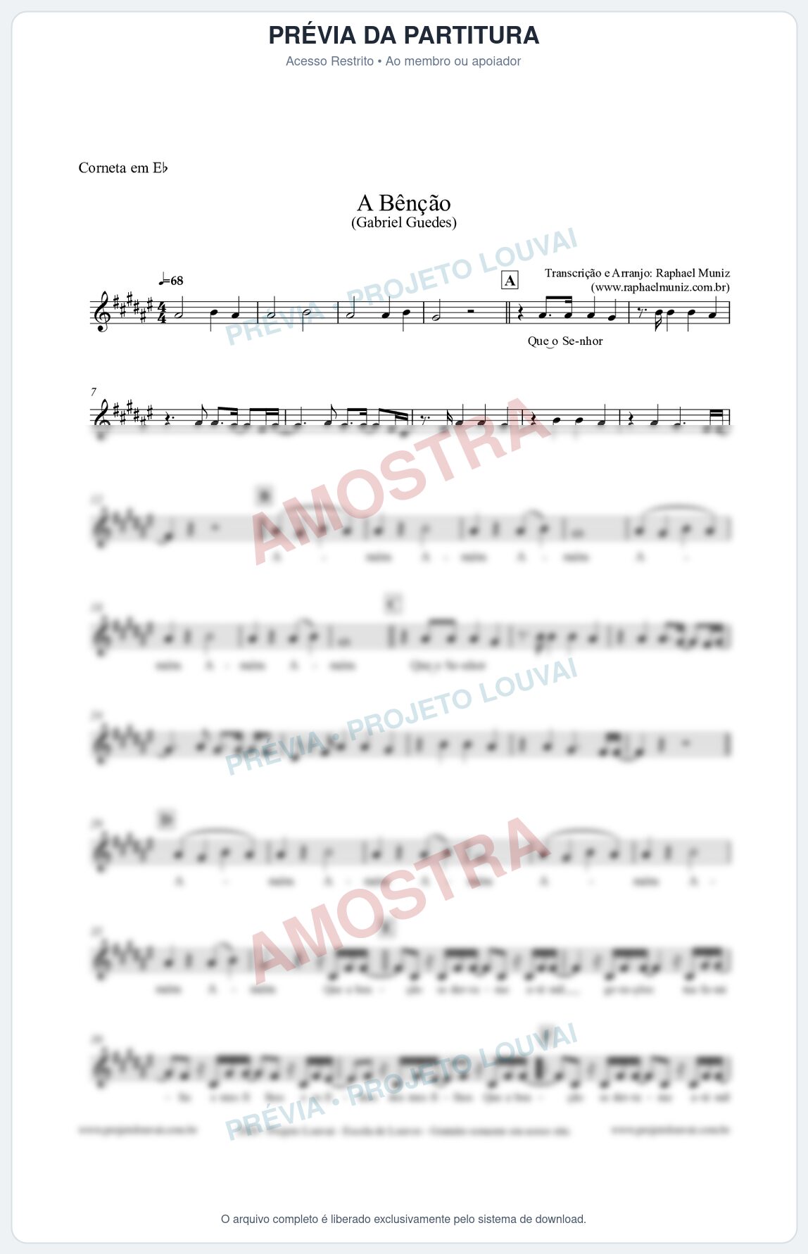 Prévia protegida da primeira página da partitura Partitura para Corneta em Eb - A Bênção (Tom A) - Gabriel Guedes