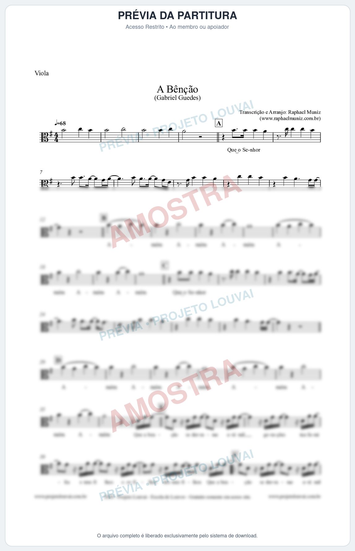Prévia protegida da primeira página da partitura Partitura para Viola - A Bênção (Tom G) - Gabriel Guedes