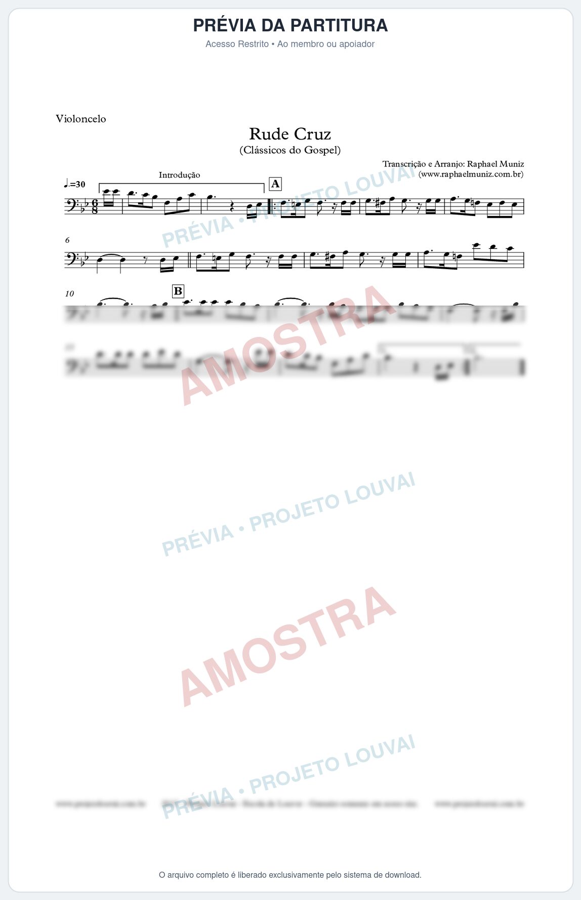 Prévia protegida da primeira página da partitura Partitura para Violoncelo - Rude Cruz - Clássicos do Gospel