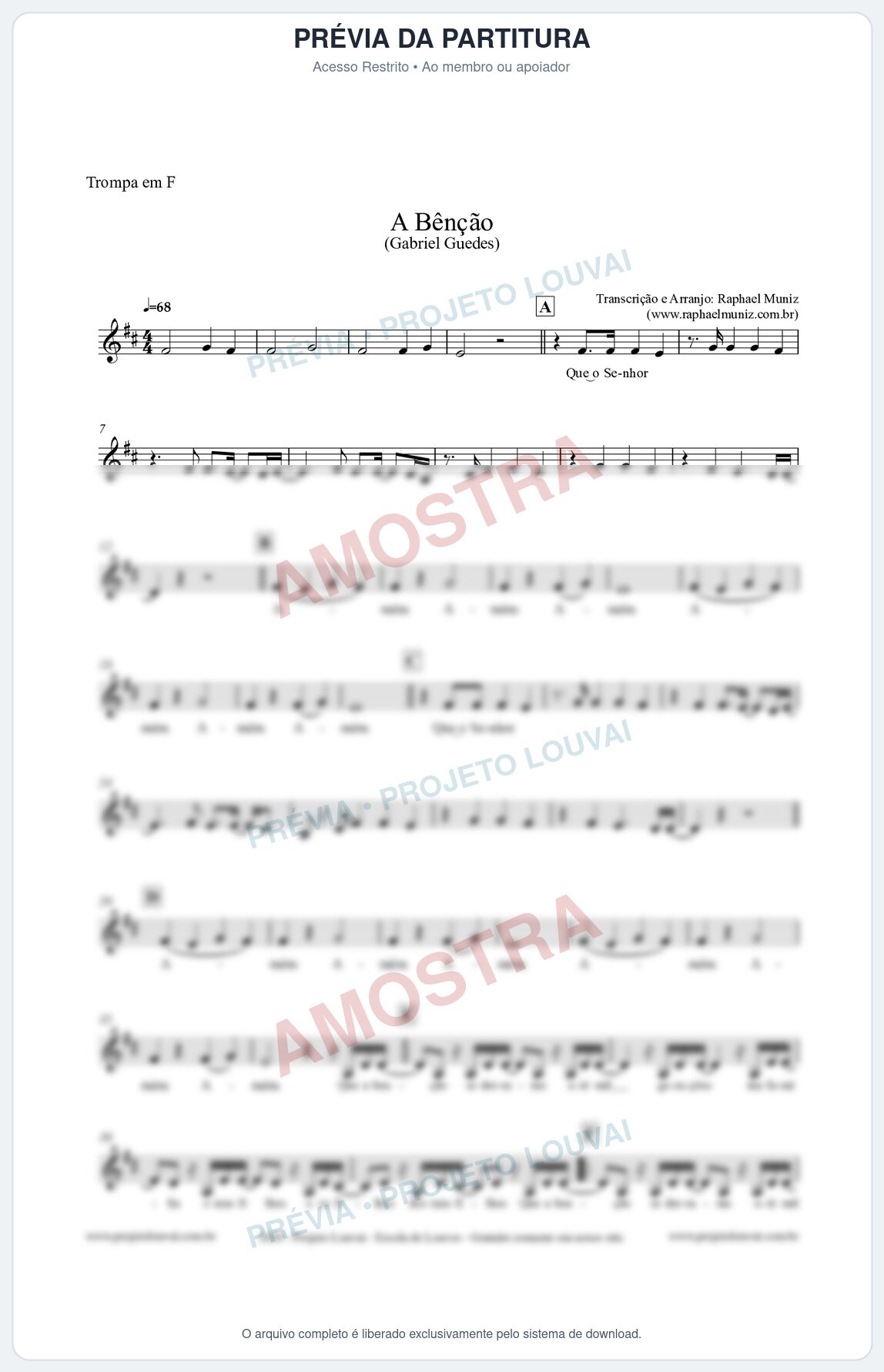 Prévia protegida da primeira página da partitura Partitura para Trompa em F - A Bênção (Tom G) - Gabriel Guedes