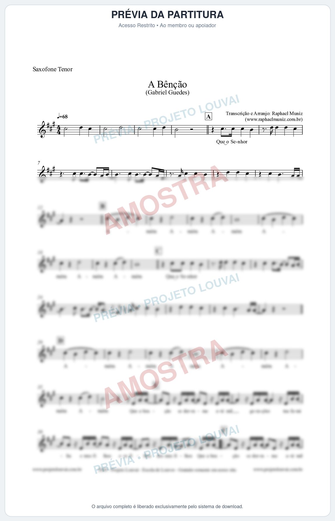 Prévia protegida da primeira página da partitura Partitura para Saxofone Tenor - A Bênção (Tom G) - Gabriel Guedes