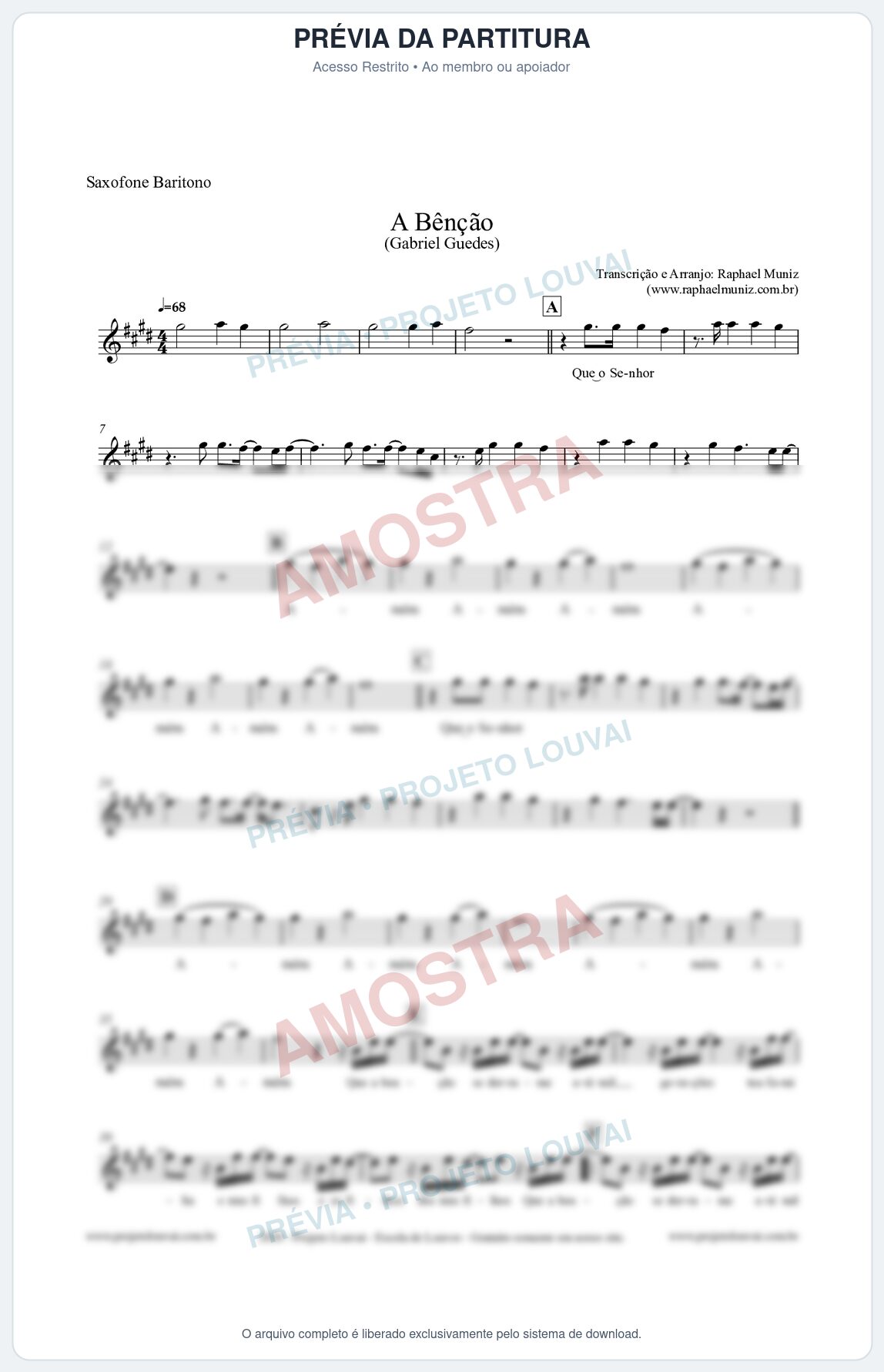Prévia protegida da primeira página da partitura Partitura para Saxofone Barítono - A Bênção (Tom G) - Gabriel Guedes