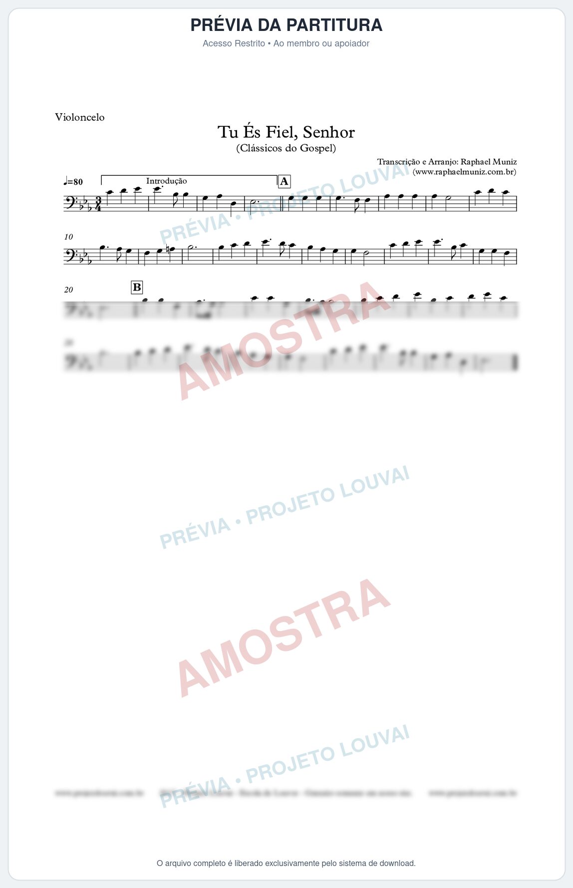 Prévia protegida da primeira página da partitura Partitura para Violoncelo - Tu És Fiel, Senhor - Clássicos do Gospel