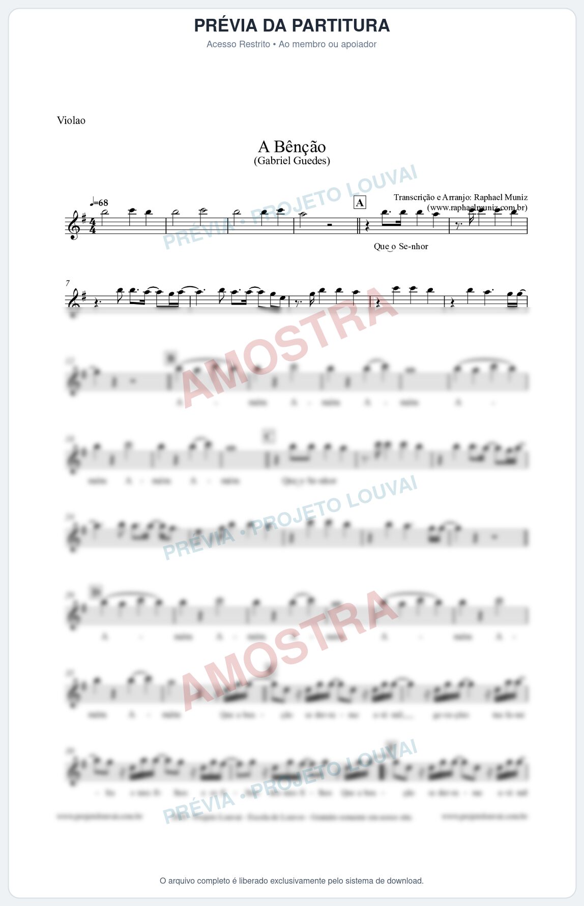 Prévia protegida da primeira página da partitura Partitura para Violão - A Bênção (Tom G) - Gabriel Guedes