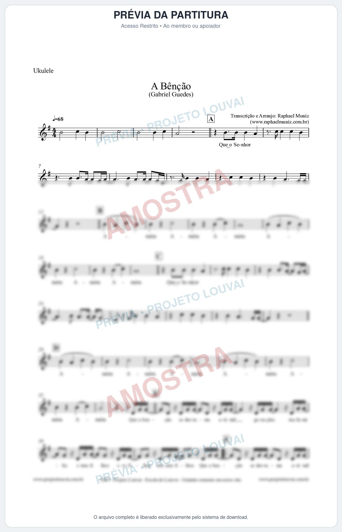 Prévia protegida da primeira página da partitura Partitura para Ukulele - A Bênção (Tom G) - Gabriel Guedes