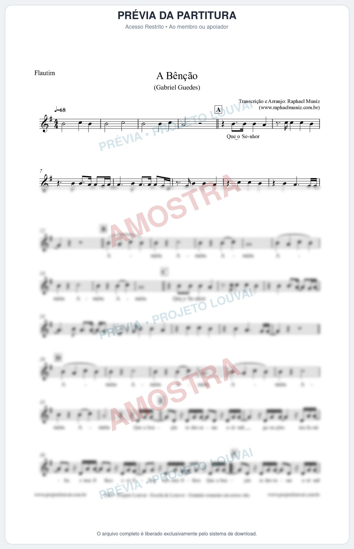 Prévia protegida da primeira página da partitura Partitura para Flautim - A Bênção (Tom G) - Gabriel Guedes