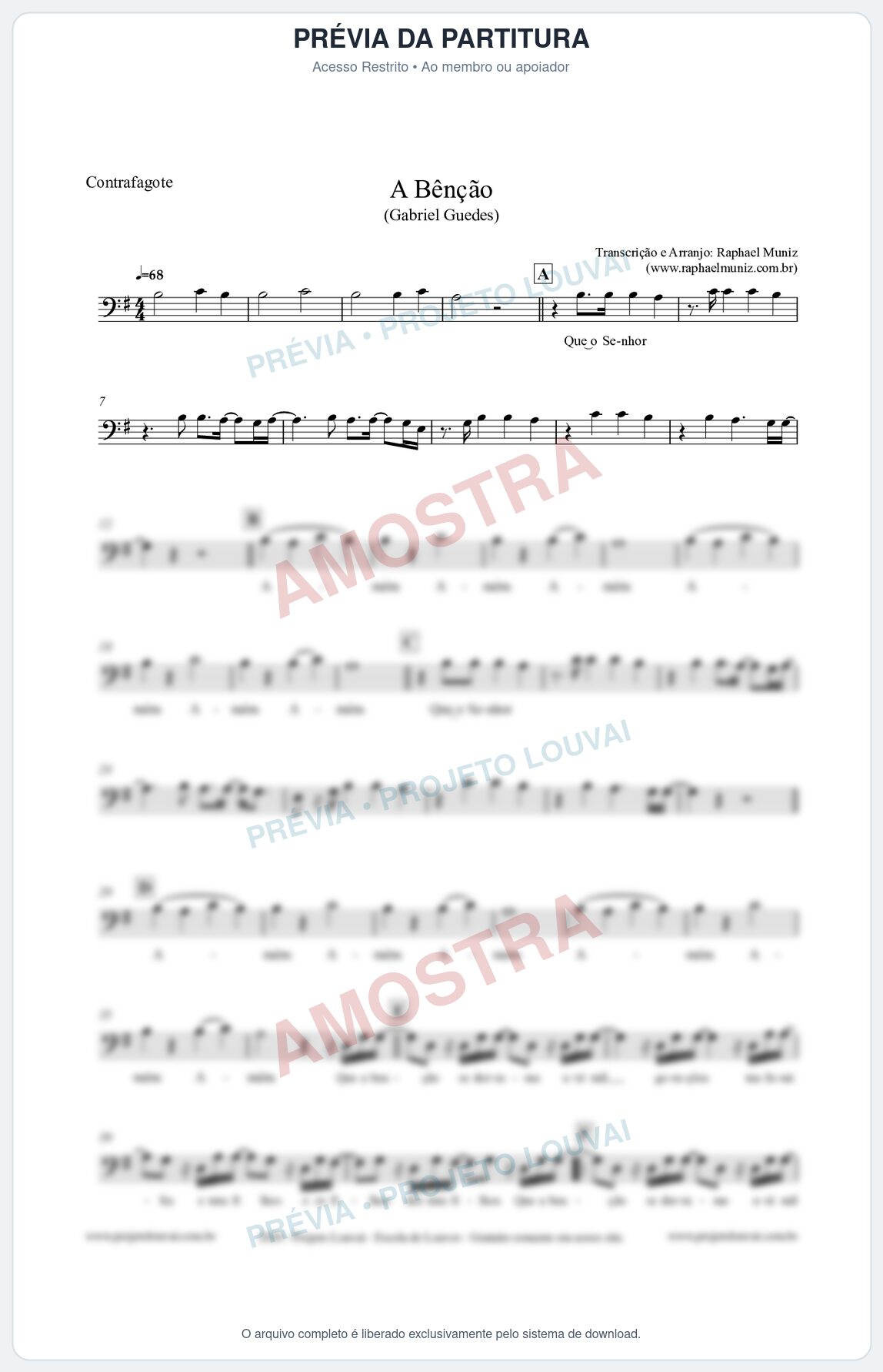 Prévia protegida da primeira página da partitura Partitura para Contrafagote - A Bênção (Tom G) - Gabriel Guedes