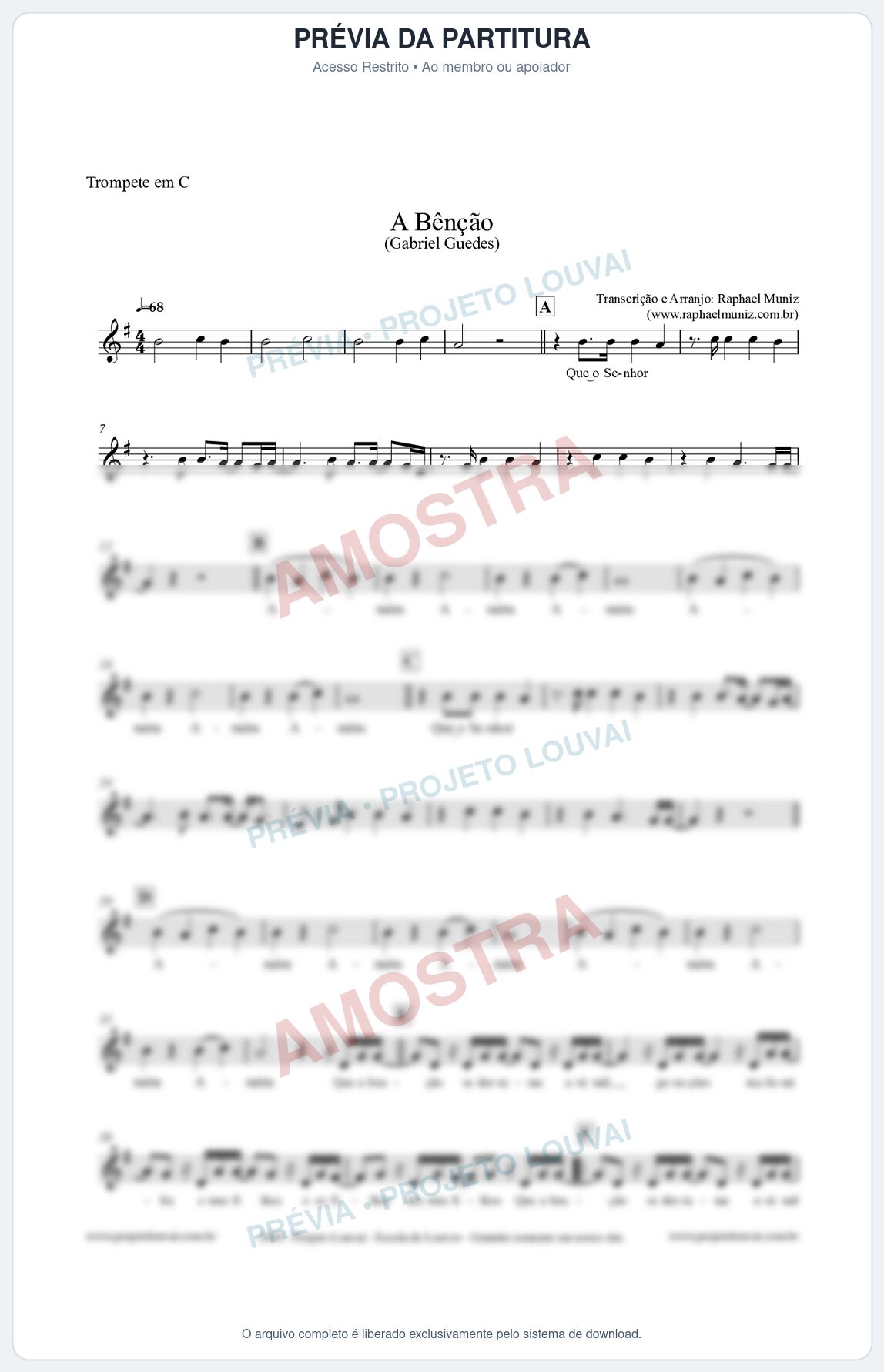 Prévia protegida da primeira página da partitura Partitura para Trompete em C - A Bênção (Tom G) - Gabriel Guedes