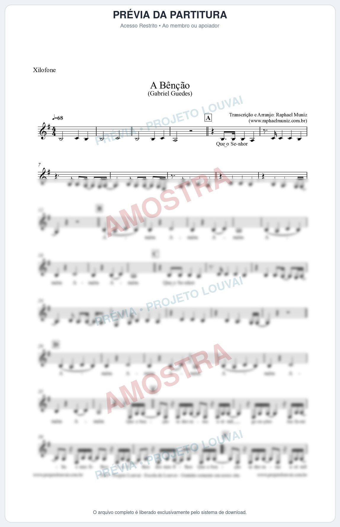Prévia protegida da primeira página da partitura Partitura para Xilofone - A Bênção (Tom G) - Gabriel Guedes