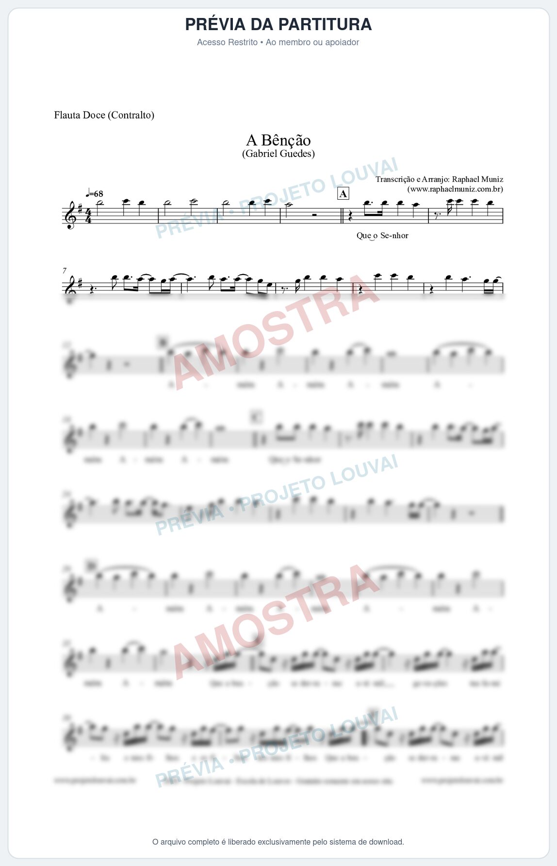 Prévia protegida da primeira página da partitura Partitura para Flauta Doce (Contralto) - A Bênção (Tom G) - Gabriel Guedes