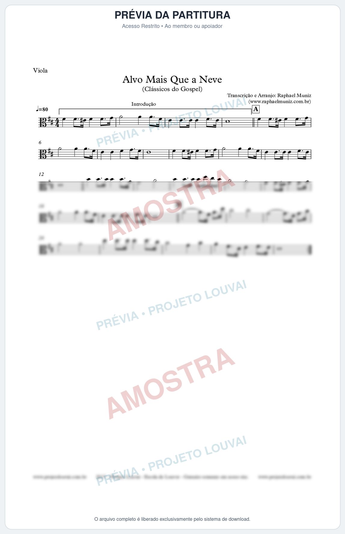 Prévia protegida da primeira página da partitura Partitura para Viola - Alvo Mais que a Neve - Clássicos do Gospel