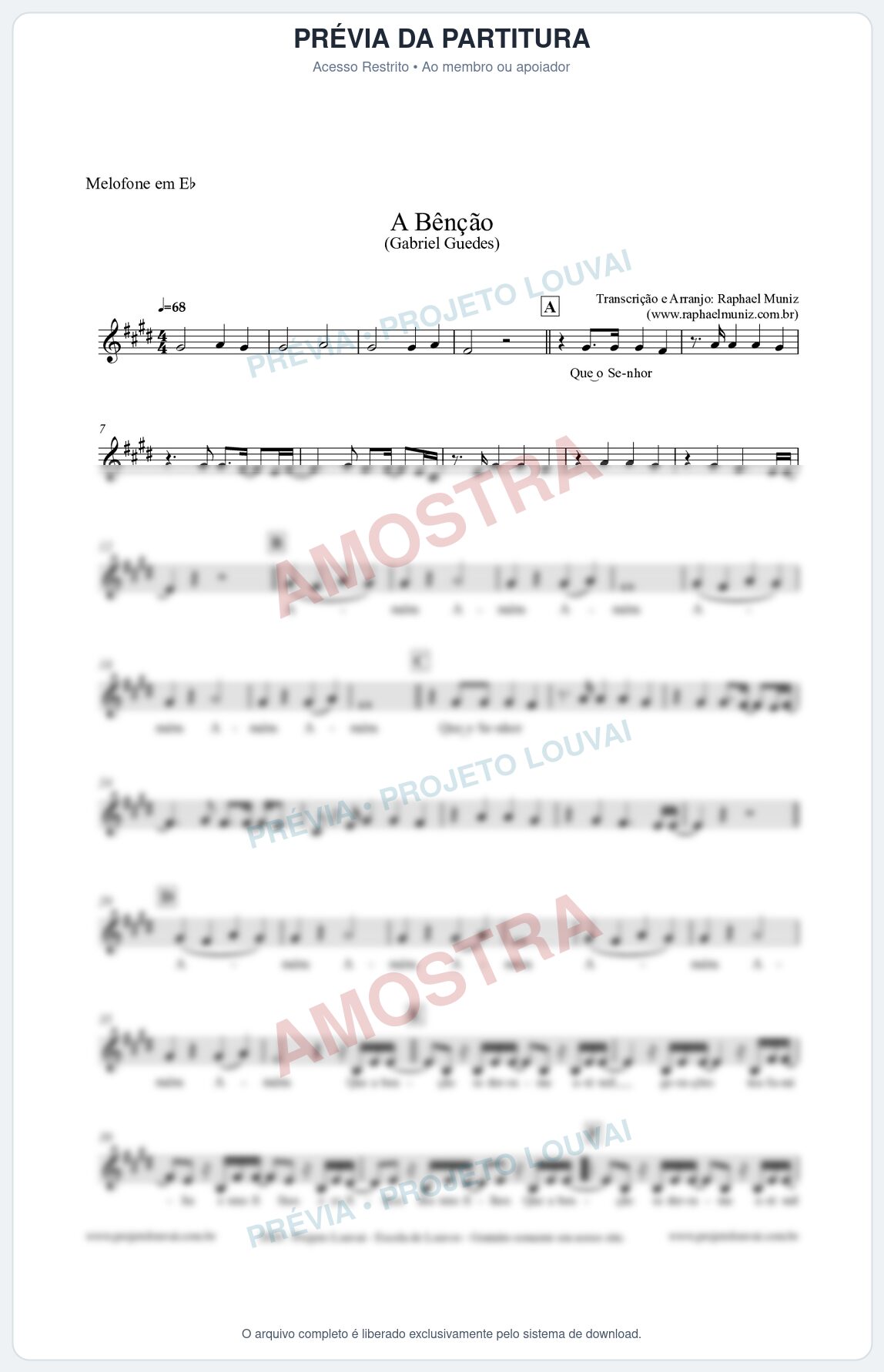 Prévia protegida da primeira página da partitura Partitura para Melofone em Eb - A Bênção (Tom G) - Gabriel Guedes