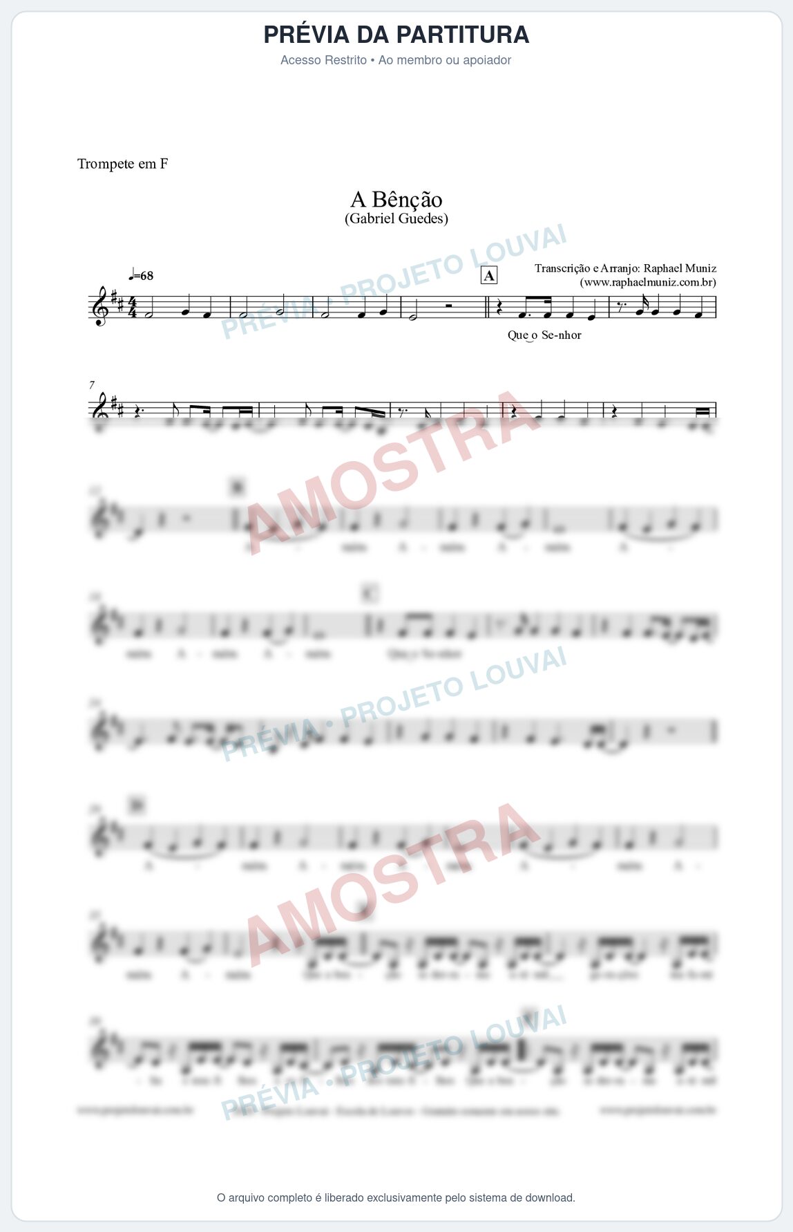 Prévia protegida da primeira página da partitura Partitura para Trompete em F - A Bênção (Tom G) - Gabriel Guedes