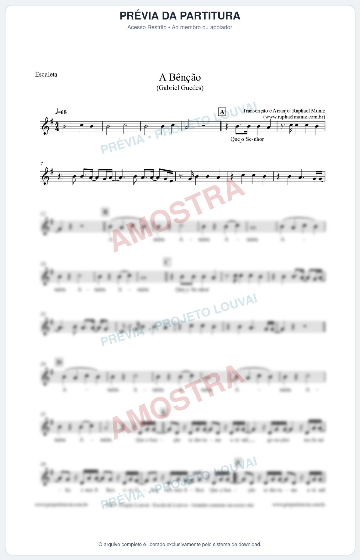 Prévia protegida da primeira página da partitura Partitura para Escaleta - A Bênção (Tom G) - Gabriel Guedes