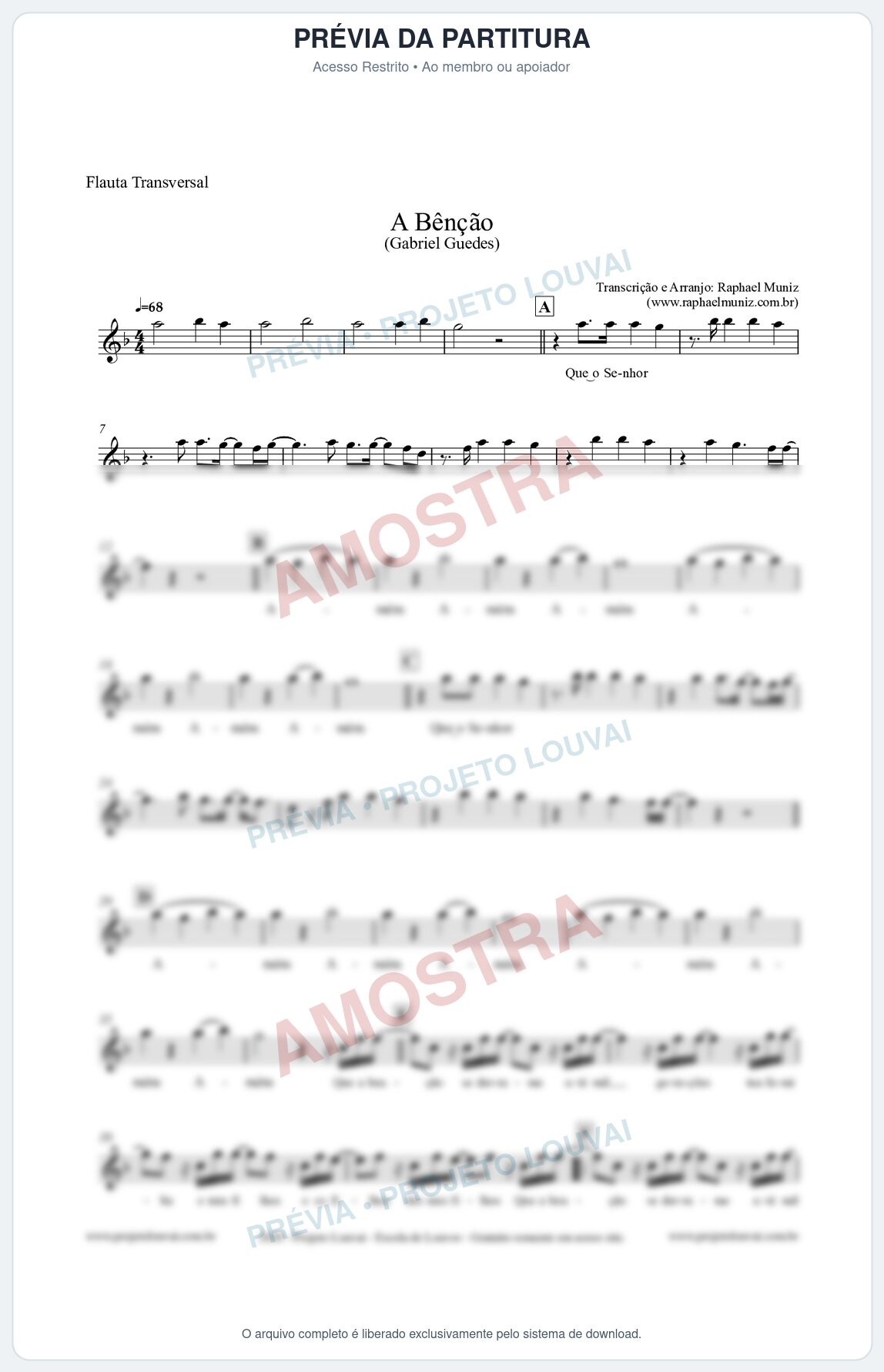 Prévia protegida da primeira página da partitura Partitura para Flauta Transversal - A Bênção (Tom F) - Gabriel Guedes