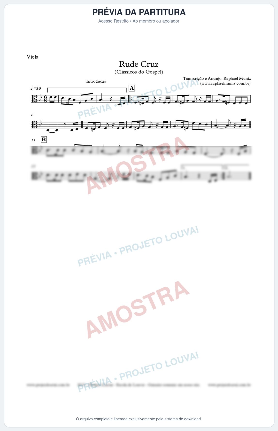 Prévia protegida da primeira página da partitura Partitura para Viola - Rude Cruz - Clássicos do Gospel