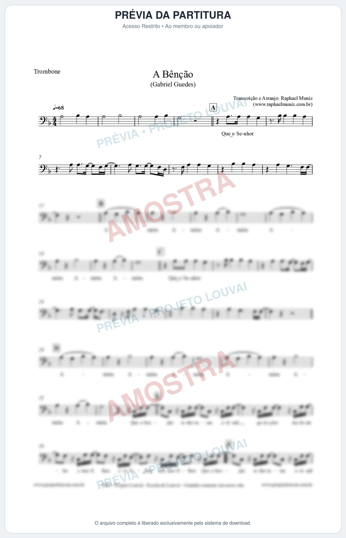 Prévia protegida da primeira página da partitura Partitura para Trombone - A Bênção (Tom F) - Gabriel Guedes