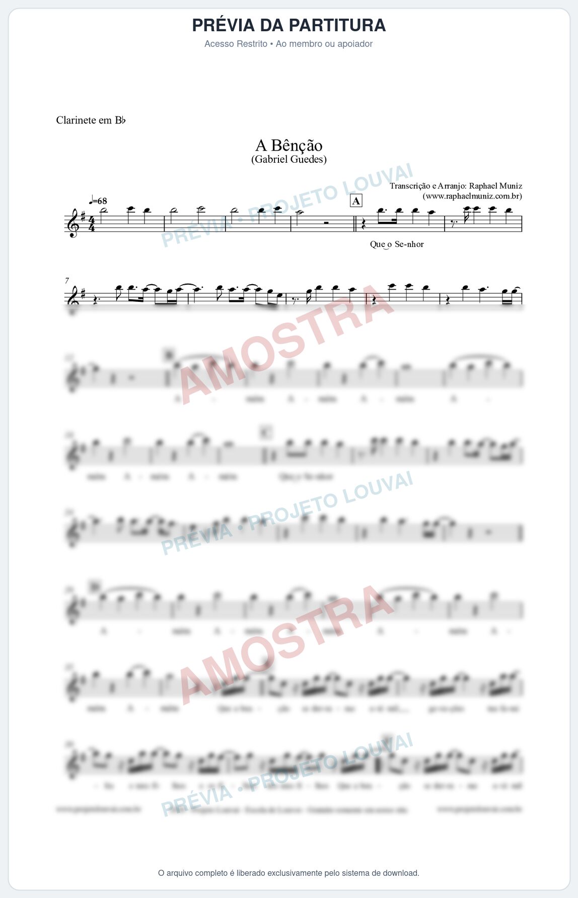 Prévia protegida da primeira página da partitura Partitura para Clarinete em Bb - A Bênção (Tom F) - Gabriel Guedes