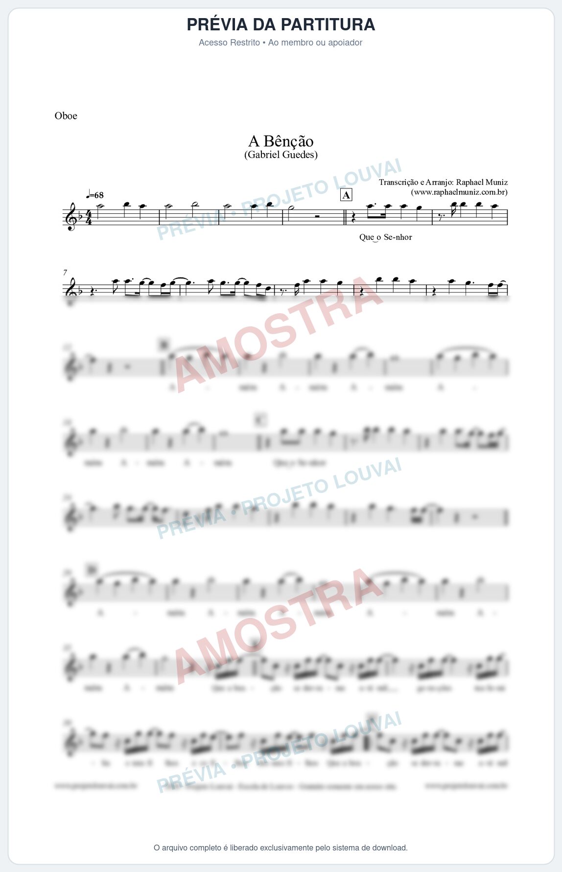 Prévia protegida da primeira página da partitura Partitura para Oboé - A Bênção (Tom F) - Gabriel Guedes
