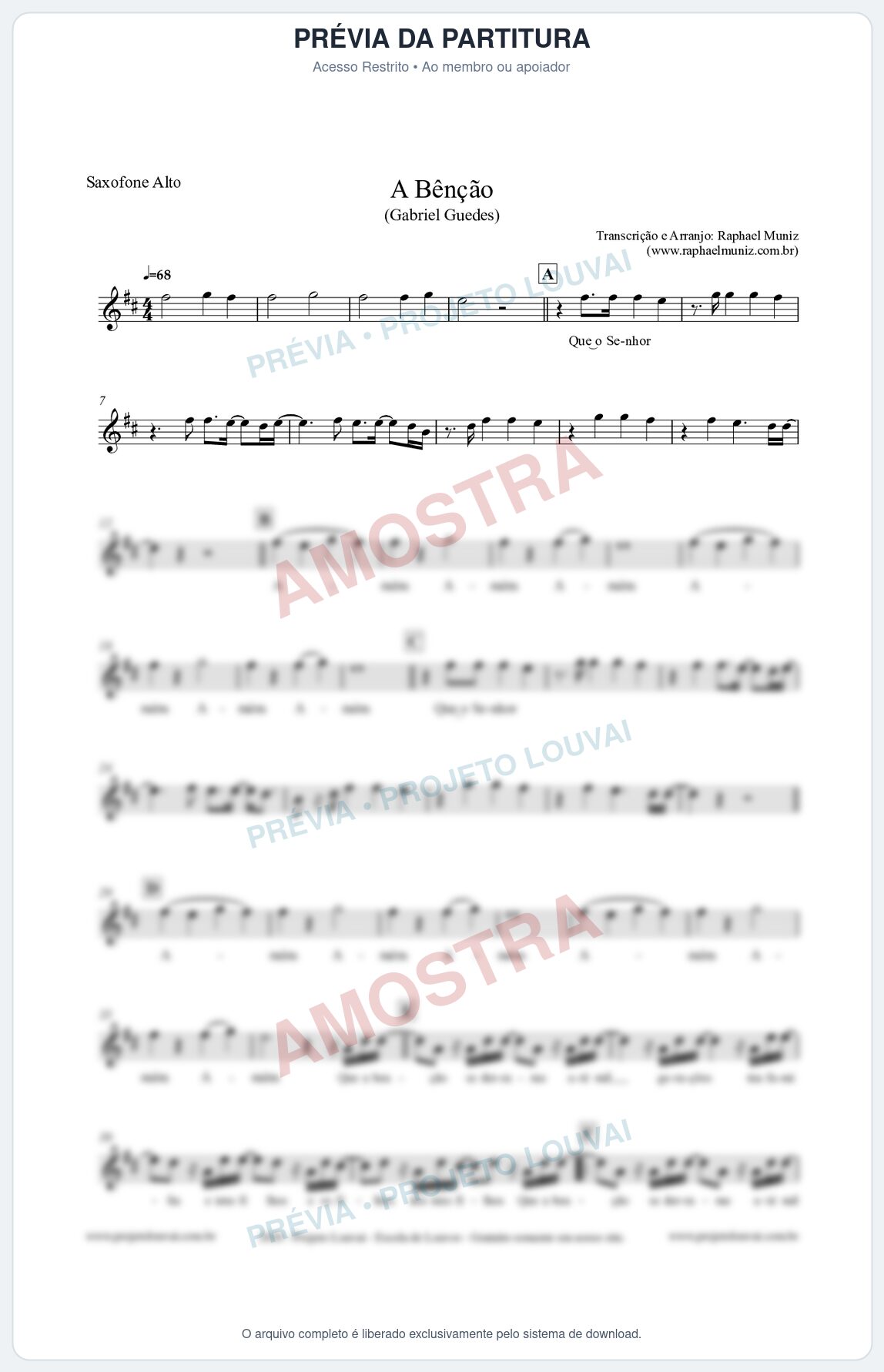 Prévia protegida da primeira página da partitura Partitura para Saxofone Alto - A Bênção (Tom F) - Gabriel Guedes