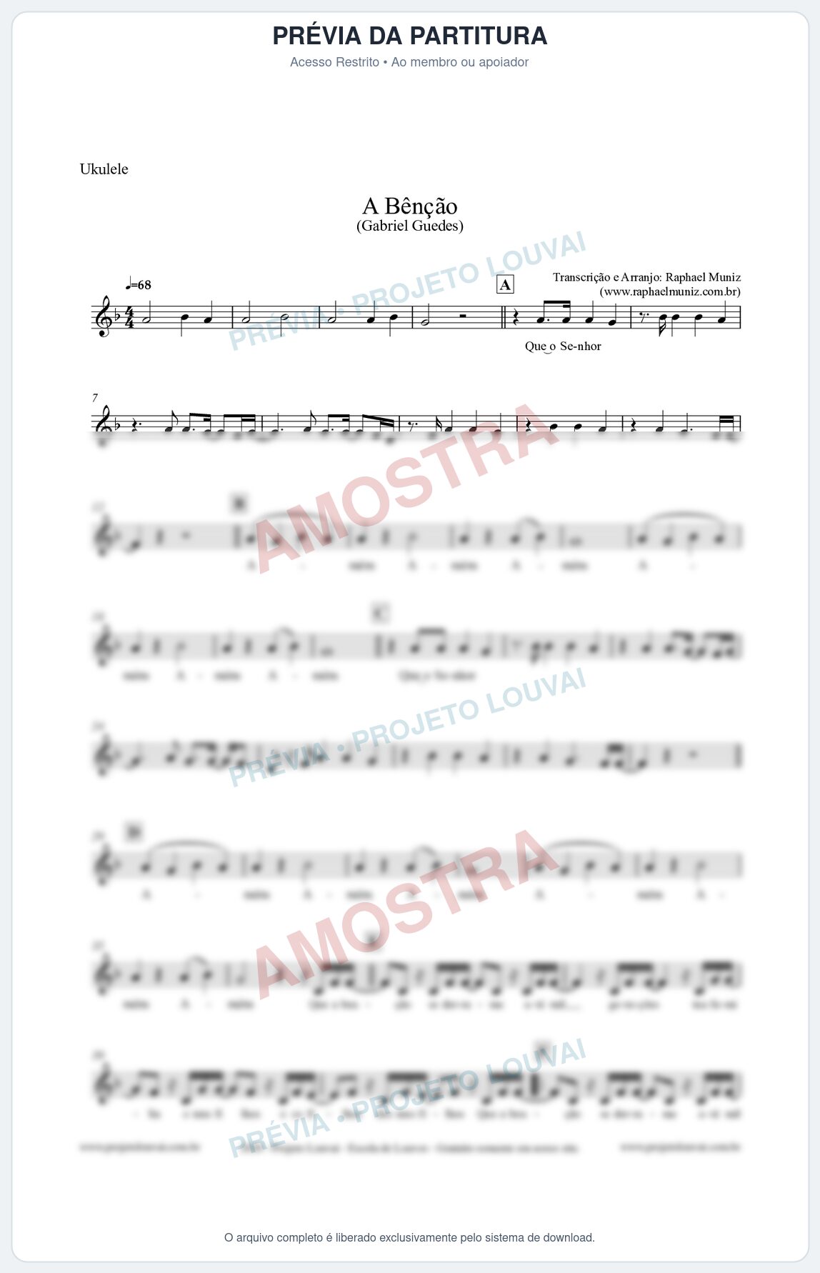 Prévia protegida da primeira página da partitura Partitura para Ukulele - A Bênção (Tom F) - Gabriel Guedes