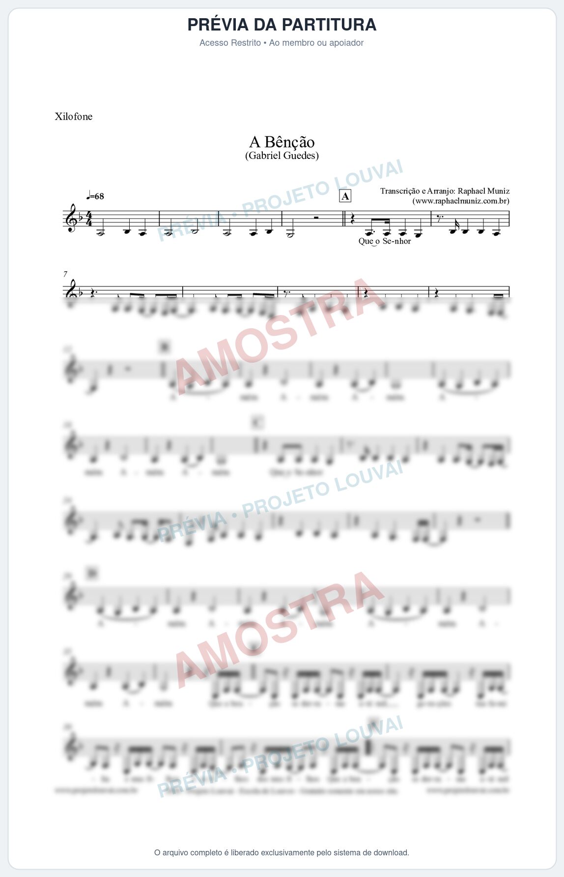 Prévia protegida da primeira página da partitura Partitura para Xilofone - A Bênção (Tom F) - Gabriel Guedes