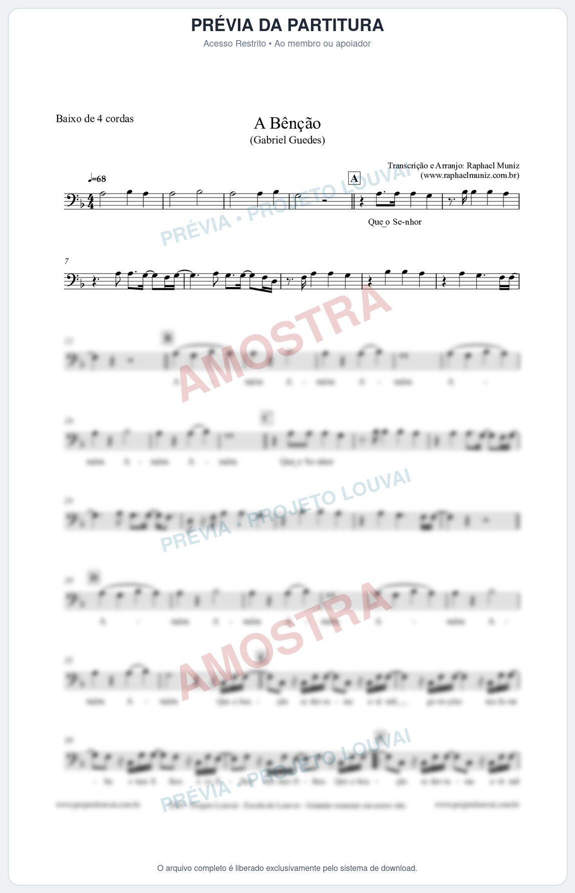 Prévia protegida da primeira página da partitura Partitura para Baixo de 4 cordas - A Bênção (Tom F) - Gabriel Guedes