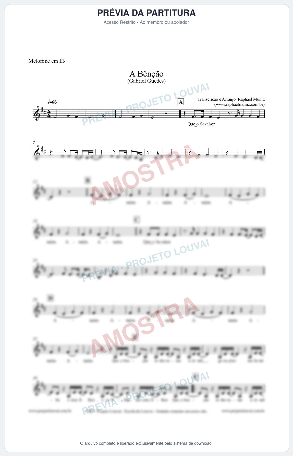 Prévia protegida da primeira página da partitura Partitura para Melofone em Eb - A Bênção (Tom F) - Gabriel Guedes