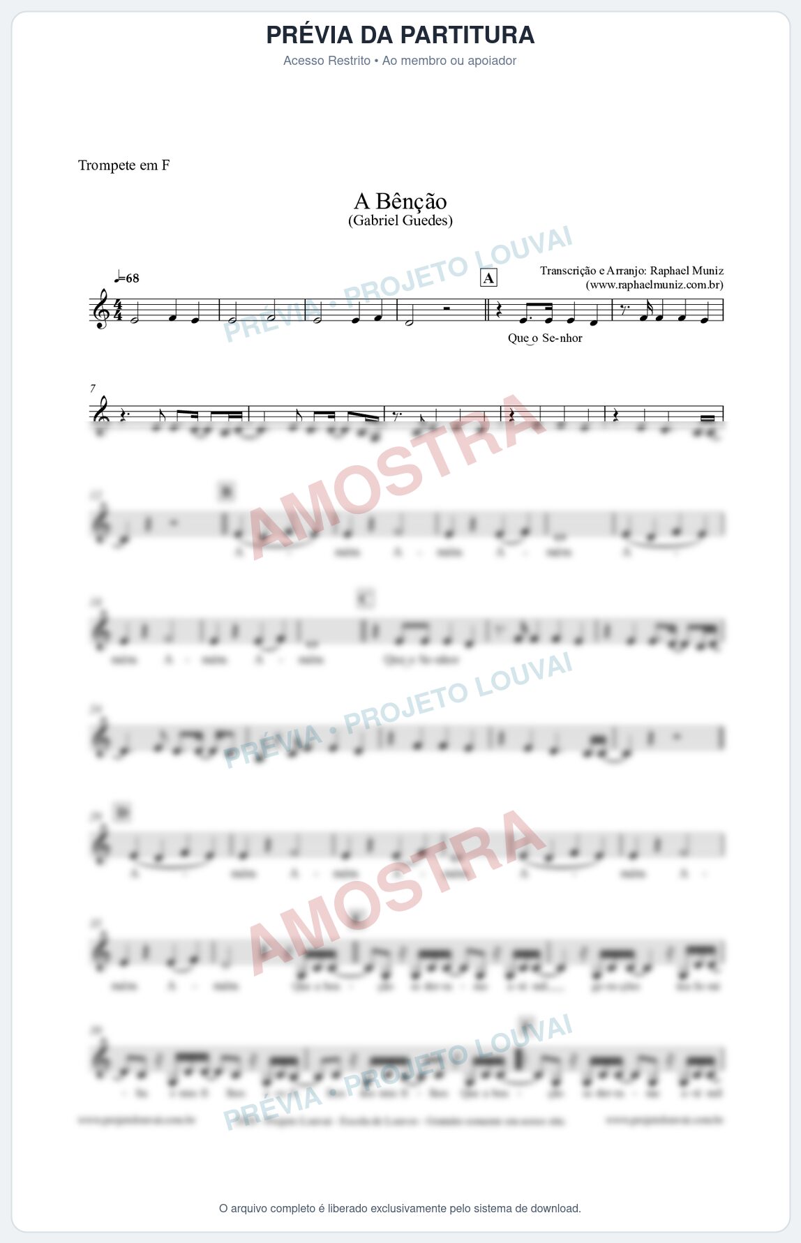 Prévia protegida da primeira página da partitura Partitura para Trompete em F - A Bênção (Tom F) - Gabriel Guedes