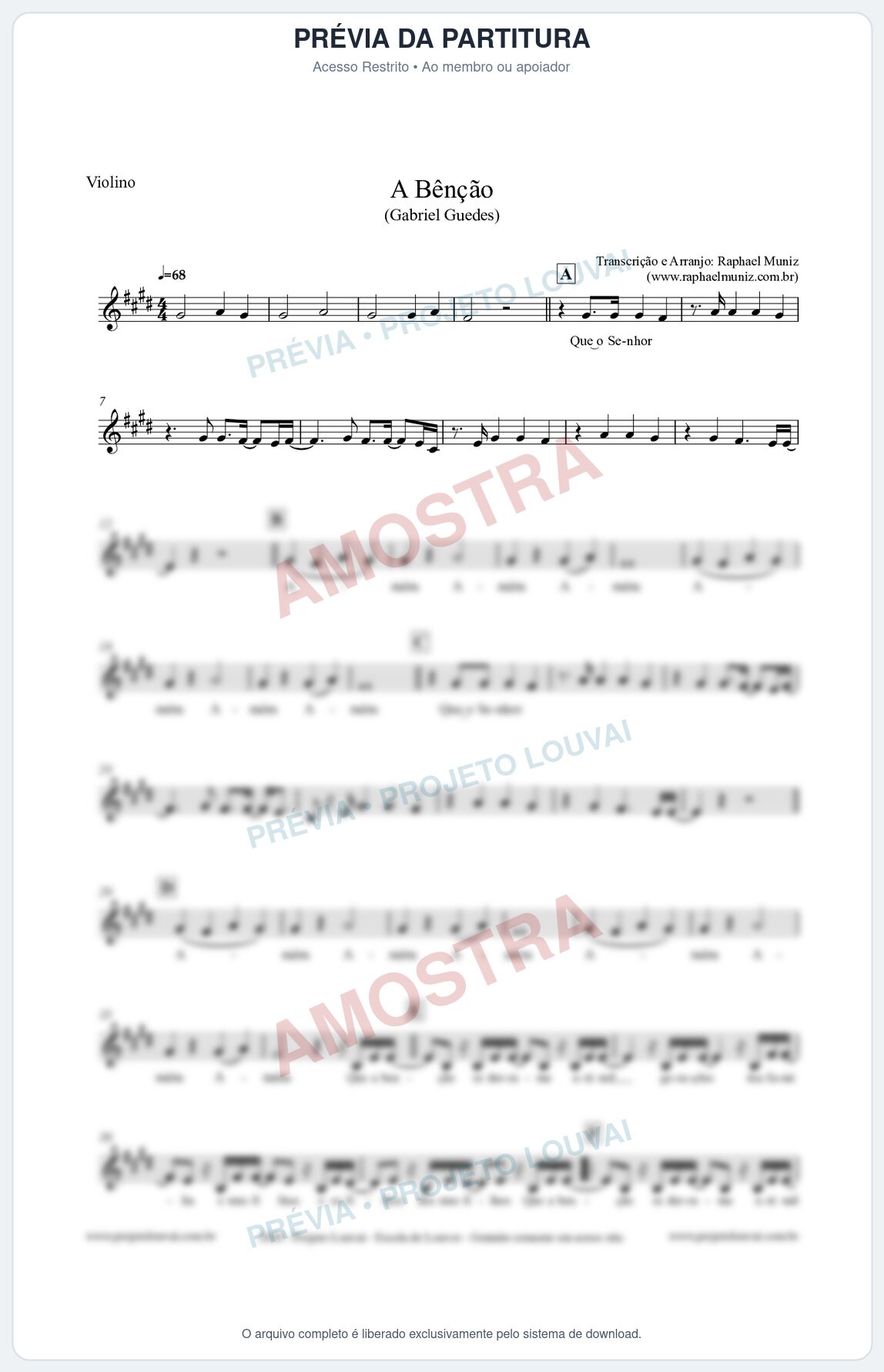 Prévia protegida da primeira página da partitura Partitura para Violino - A Bênção (Tom E) - Gabriel Guedes