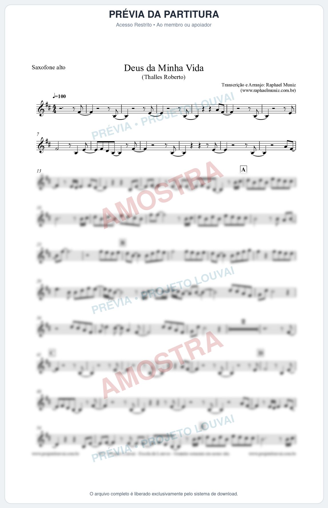 Prévia protegida da primeira página da partitura Partitura para Sax Alto - Deus da minha vida - Thalles Roberto