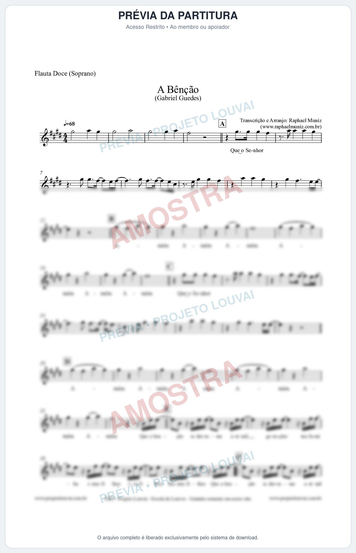 Prévia protegida da primeira página da partitura Partitura para Flauta Doce (Soprano) - A Bênção (Tom E) - Gabriel Guedes
