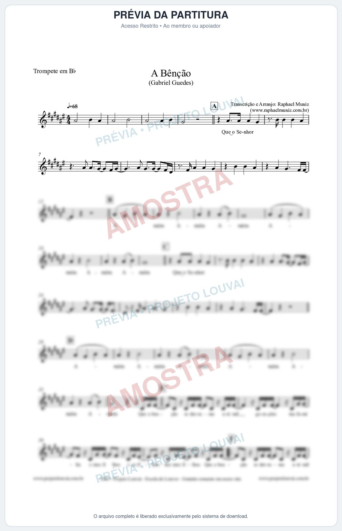 Prévia protegida da primeira página da partitura Partitura para Trompete em Bb - A Bênção (Tom E) - Gabriel Guedes