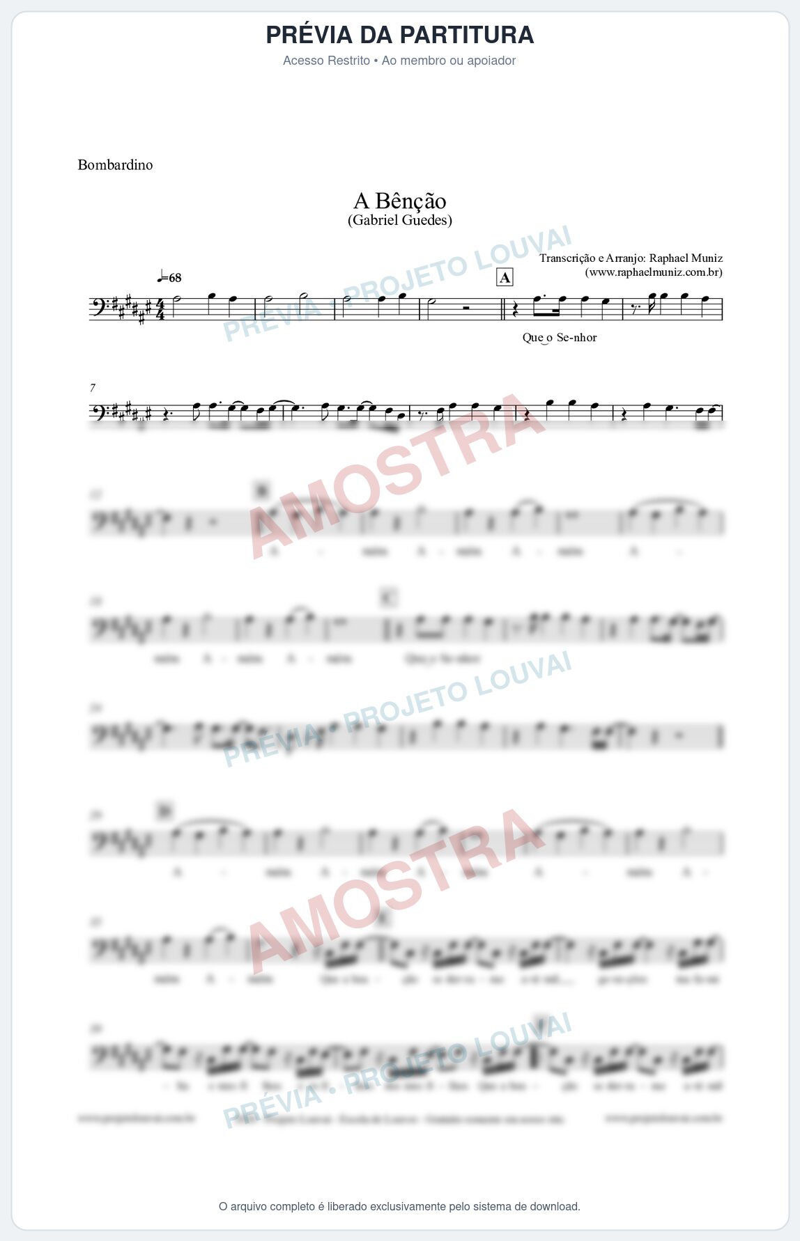 Prévia protegida da primeira página da partitura Partitura para Bombardino - A Bênção (Tom E) - Gabriel Guedes