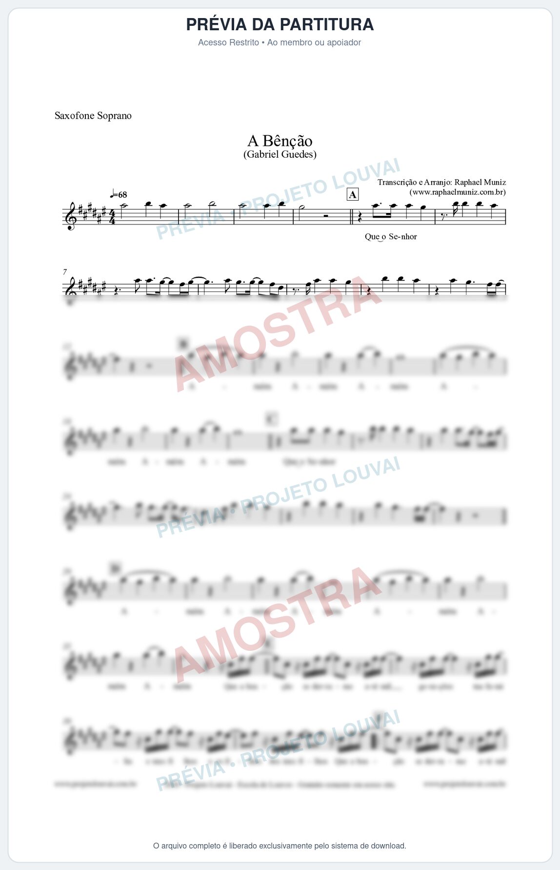 Prévia protegida da primeira página da partitura Partitura para Saxofone Soprano - A Bênção (Tom E) - Gabriel Guedes