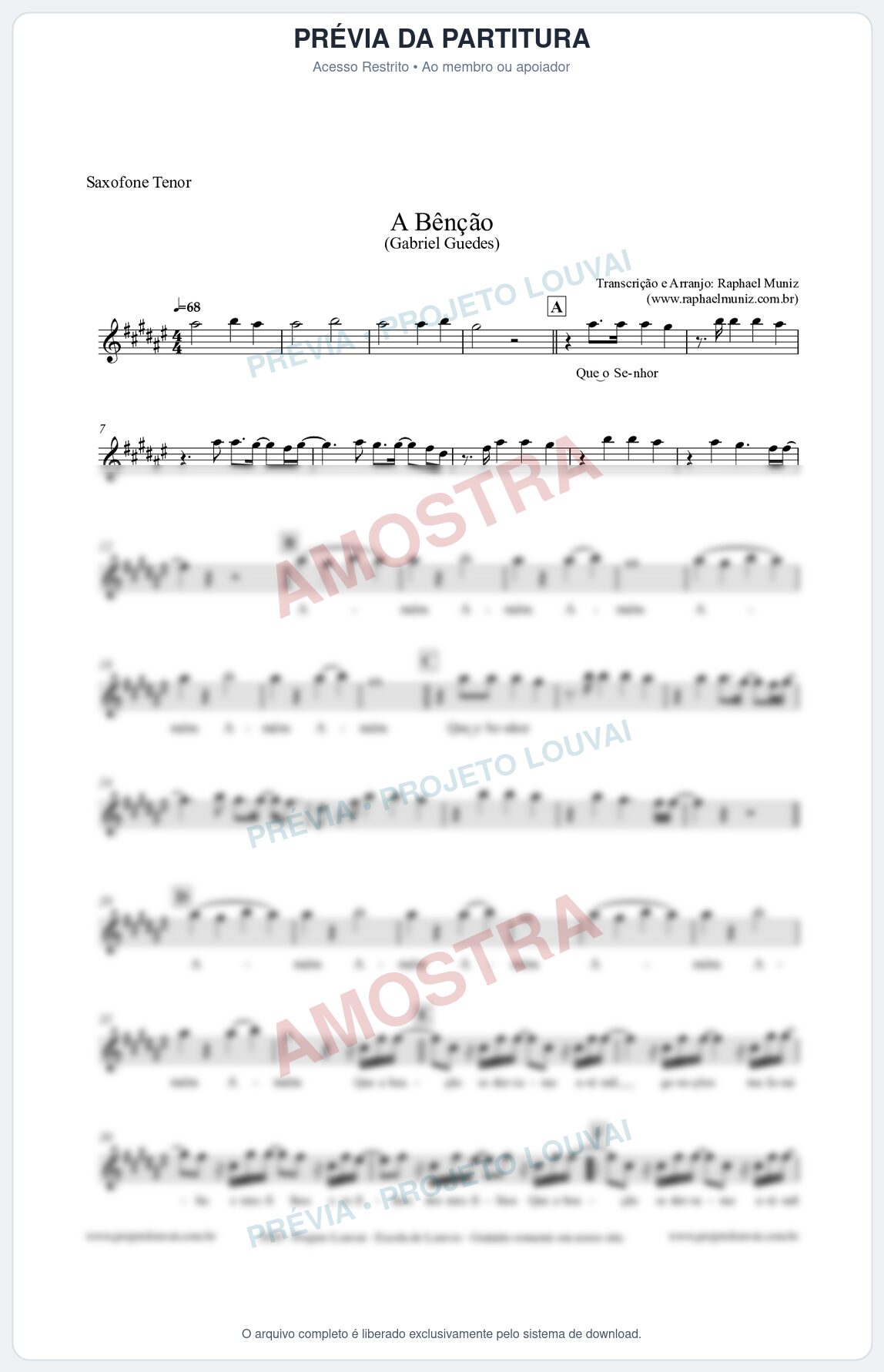 Prévia protegida da primeira página da partitura Partitura para Saxofone Tenor - A Bênção (Tom E) - Gabriel Guedes