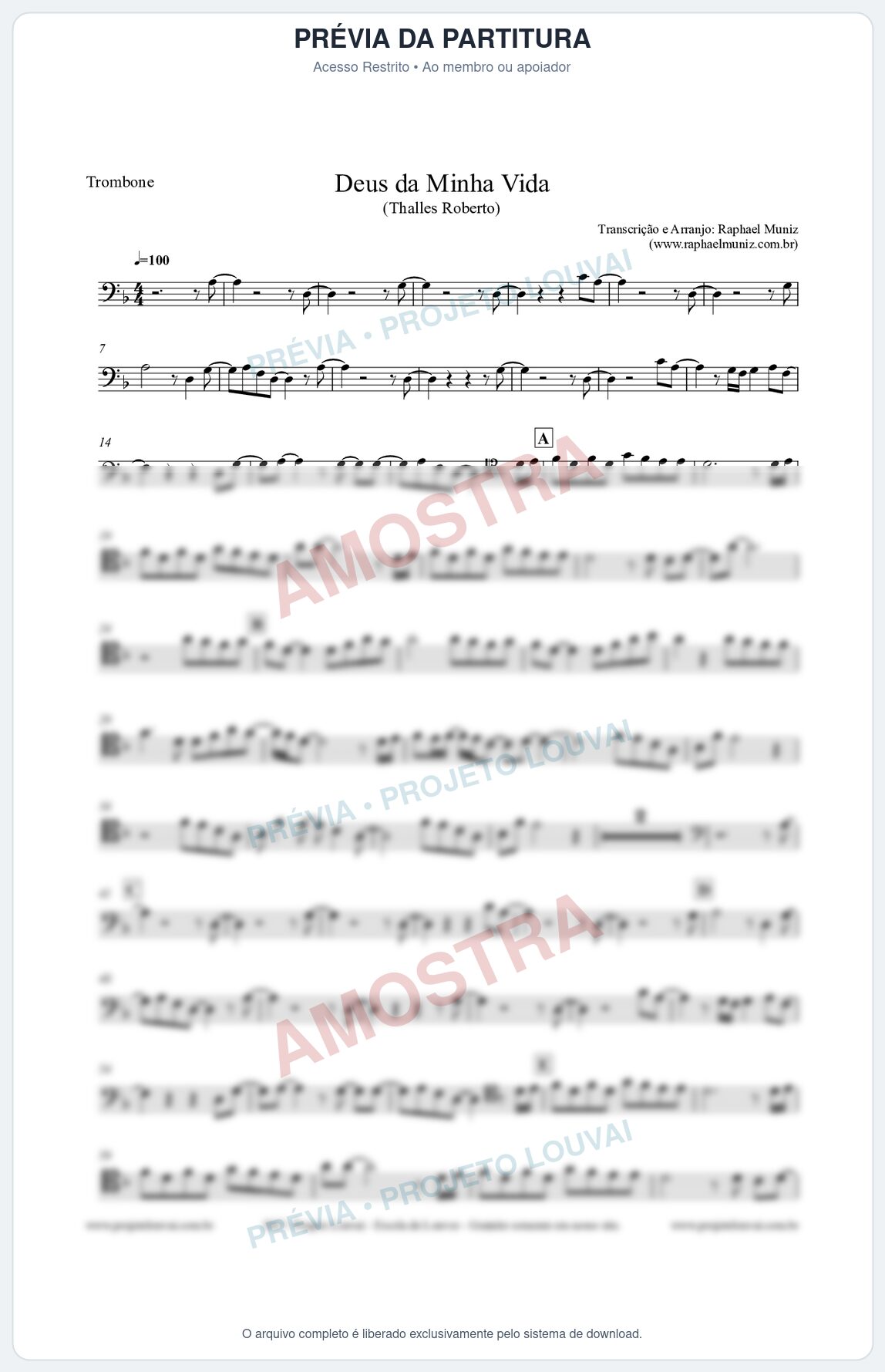 Prévia protegida da primeira página da partitura Partitura para Trombone - Deus da minha vida - Thalles Roberto