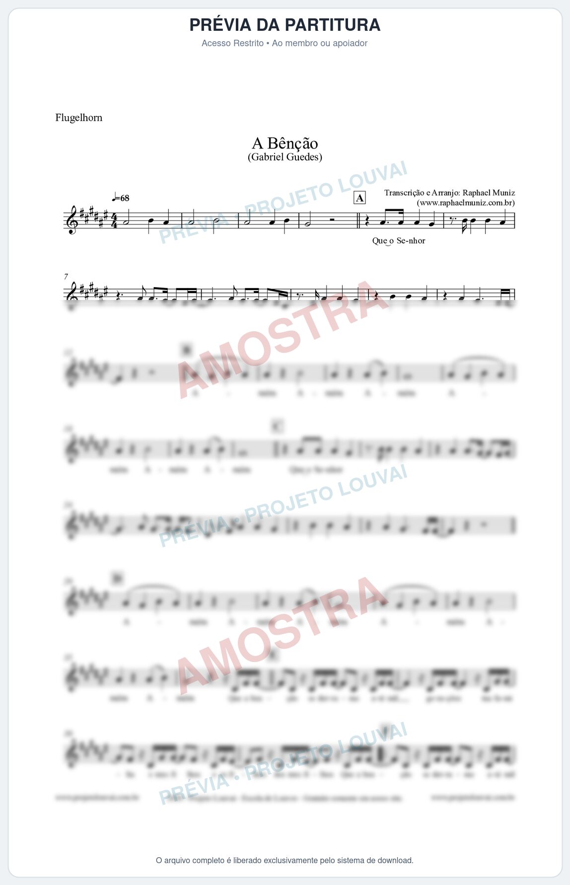 Prévia protegida da primeira página da partitura Partitura para Flugelhorn - A Bênção (Tom E) - Gabriel Guedes