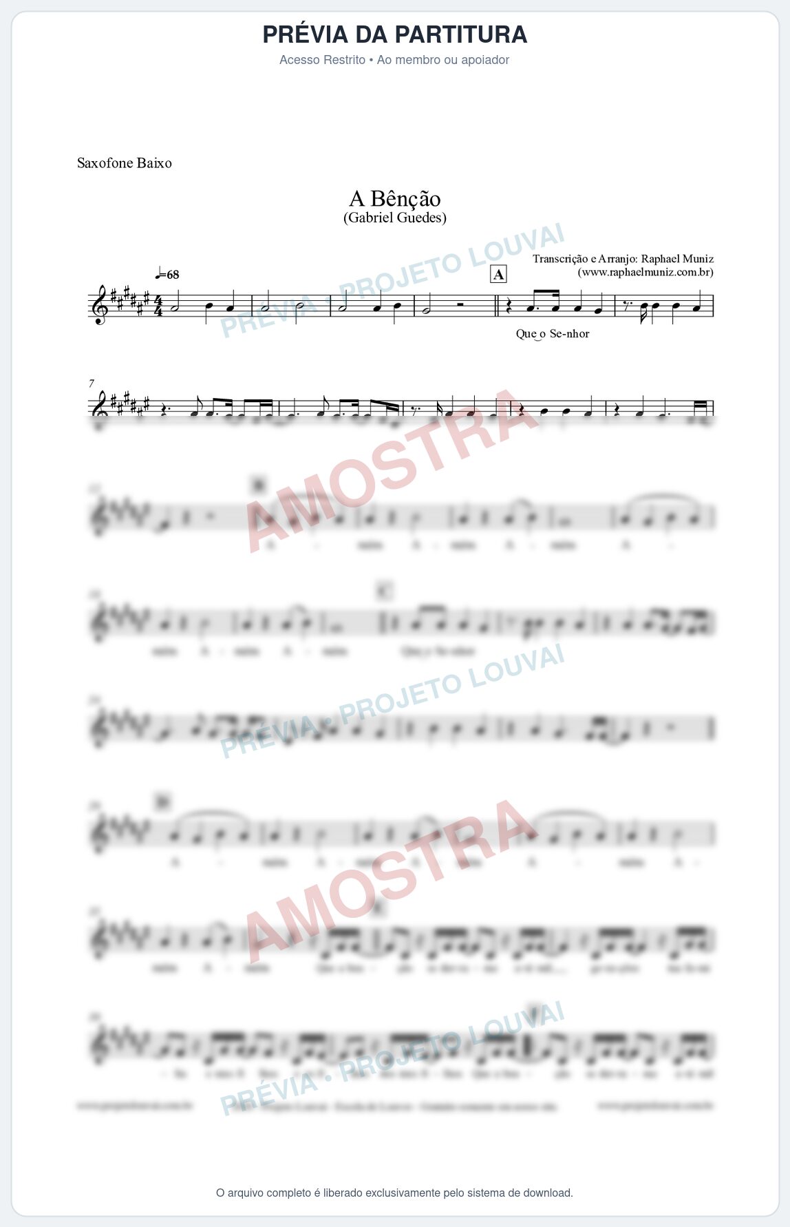 Prévia protegida da primeira página da partitura Partitura para Saxofone Baixo - A Bênção (Tom E) - Gabriel Guedes