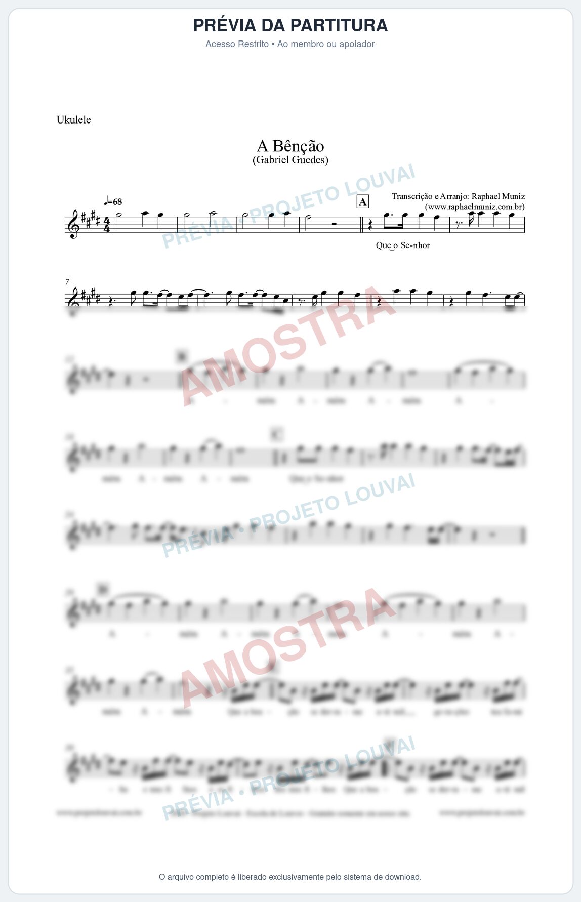 Prévia protegida da primeira página da partitura Partitura para Ukulele - A Bênção (Tom E) - Gabriel Guedes