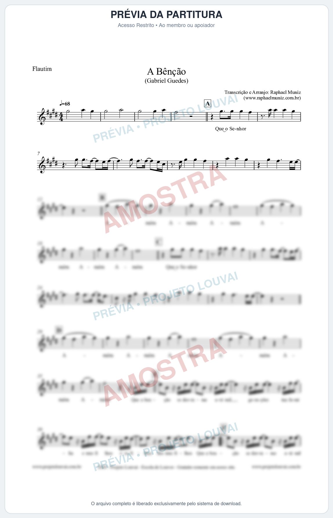 Prévia protegida da primeira página da partitura Partitura para Flautim - A Bênção (Tom E) - Gabriel Guedes