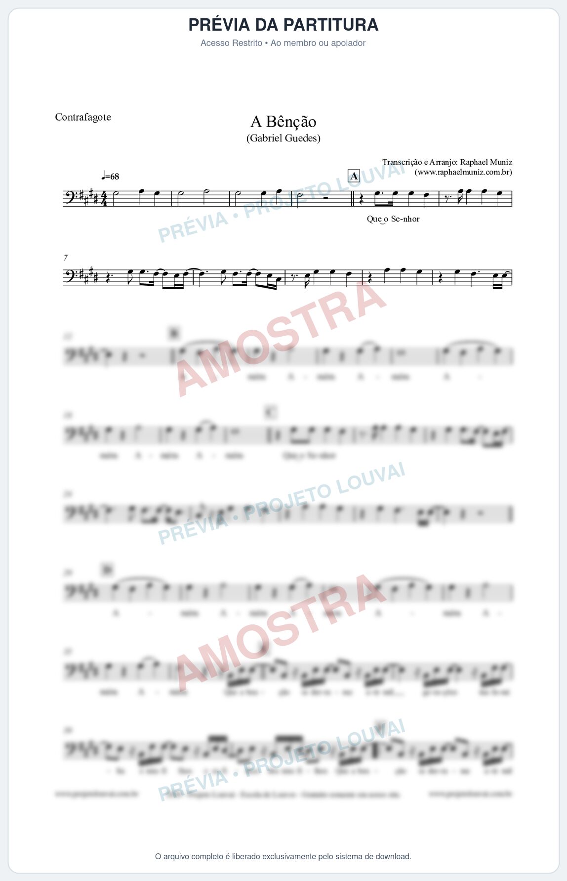 Prévia protegida da primeira página da partitura Partitura para Contrafagote - A Bênção (Tom E) - Gabriel Guedes