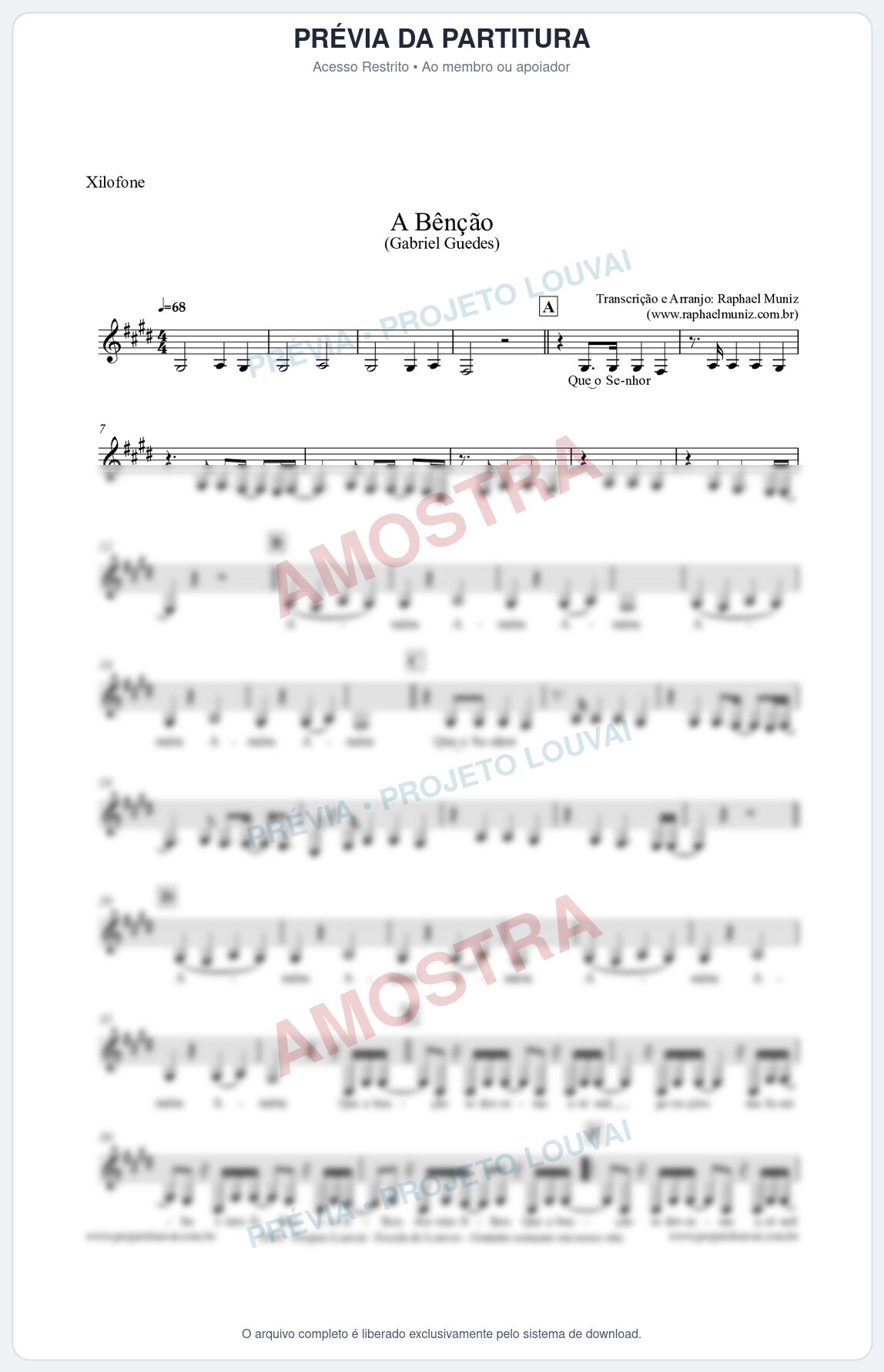 Prévia protegida da primeira página da partitura Partitura para Xilofone - A Bênção (Tom E) - Gabriel Guedes